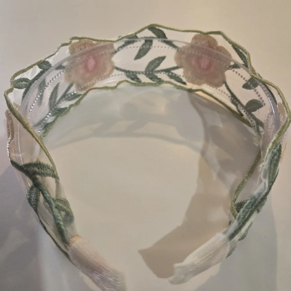 🍒🍒 Floral Embroidered Sheer Headband - Pink, Cream & Green